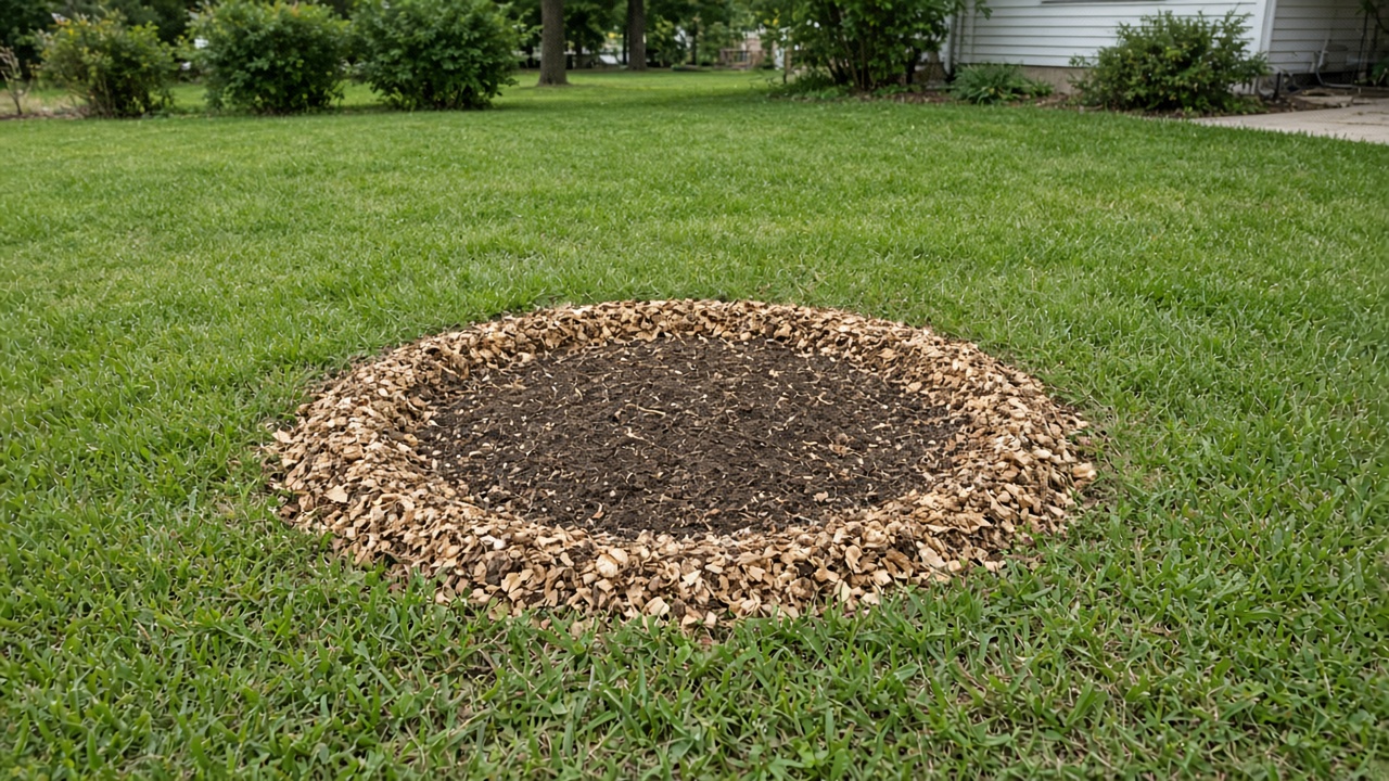 Fresh stump grind with chips contained in a Midwestern lawn